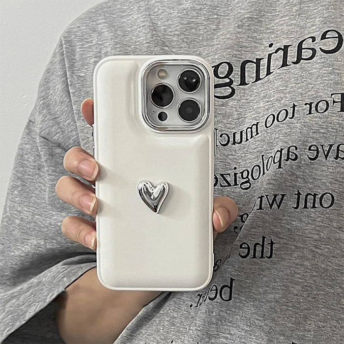 WHITE PHONE CASE WITH SILVER HEART FOR AESTHETIC HEART IPHONE AND MINIMALIST STYLE