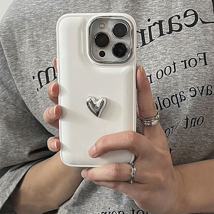 WHITE PHONE CASE WITH SILVER HEART FOR AESTHETIC HEART IPHONE AND MINIMALIST STYLE