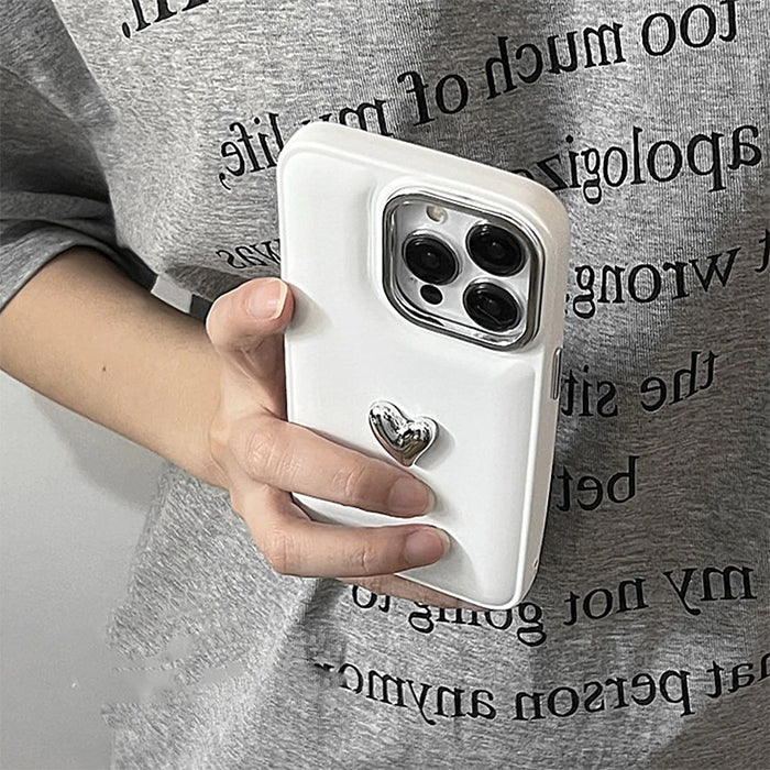 WHITE PHONE CASE WITH SILVER HEART FOR AESTHETIC HEART IPHONE AND MINIMALIST STYLE