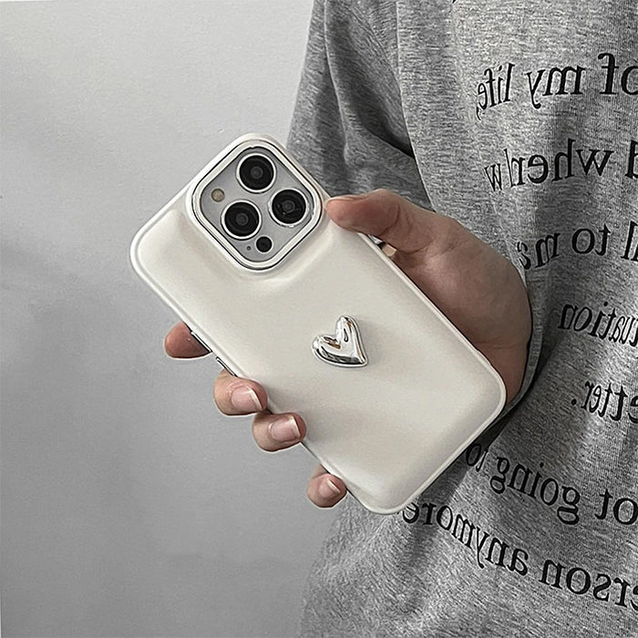 WHITE PHONE CASE WITH SILVER HEART FOR AESTHETIC HEART IPHONE AND MINIMALIST STYLE