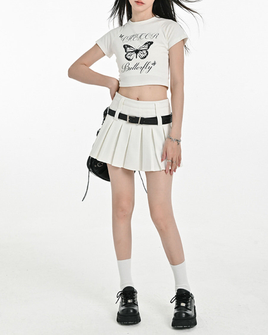 WHITE PLEATED MINI SKIRT WITH BELT