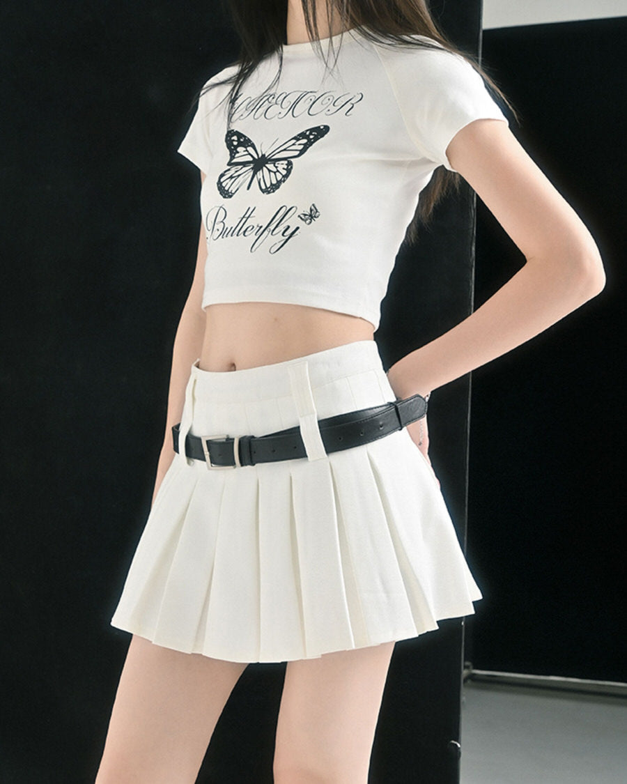 WHITE PLEATED MINI SKIRT WITH BELT