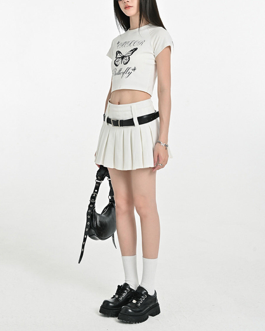 WHITE PLEATED MINI SKIRT WITH BELT