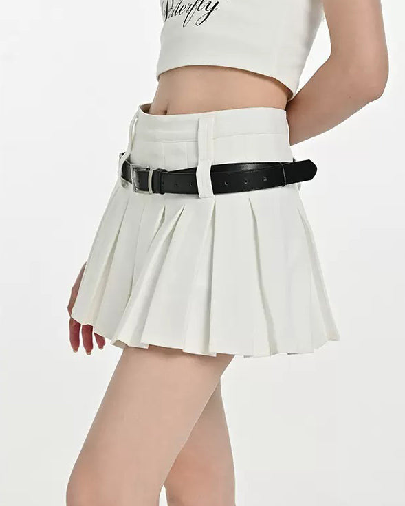 WHITE PLEATED MINI SKIRT WITH BELT