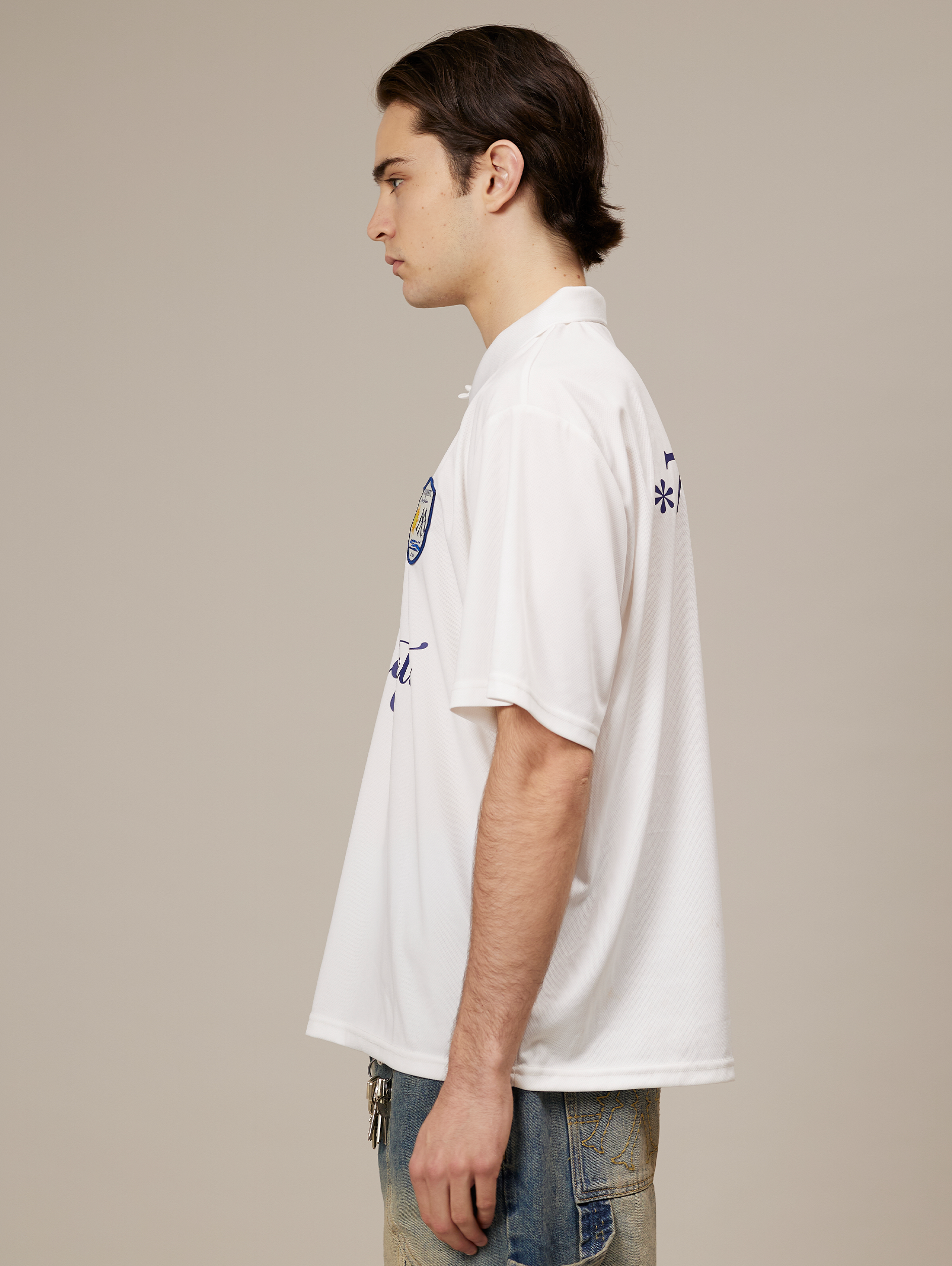 WHITE POLO SHIRT WITH DROPPED SHOULDER DESIGN