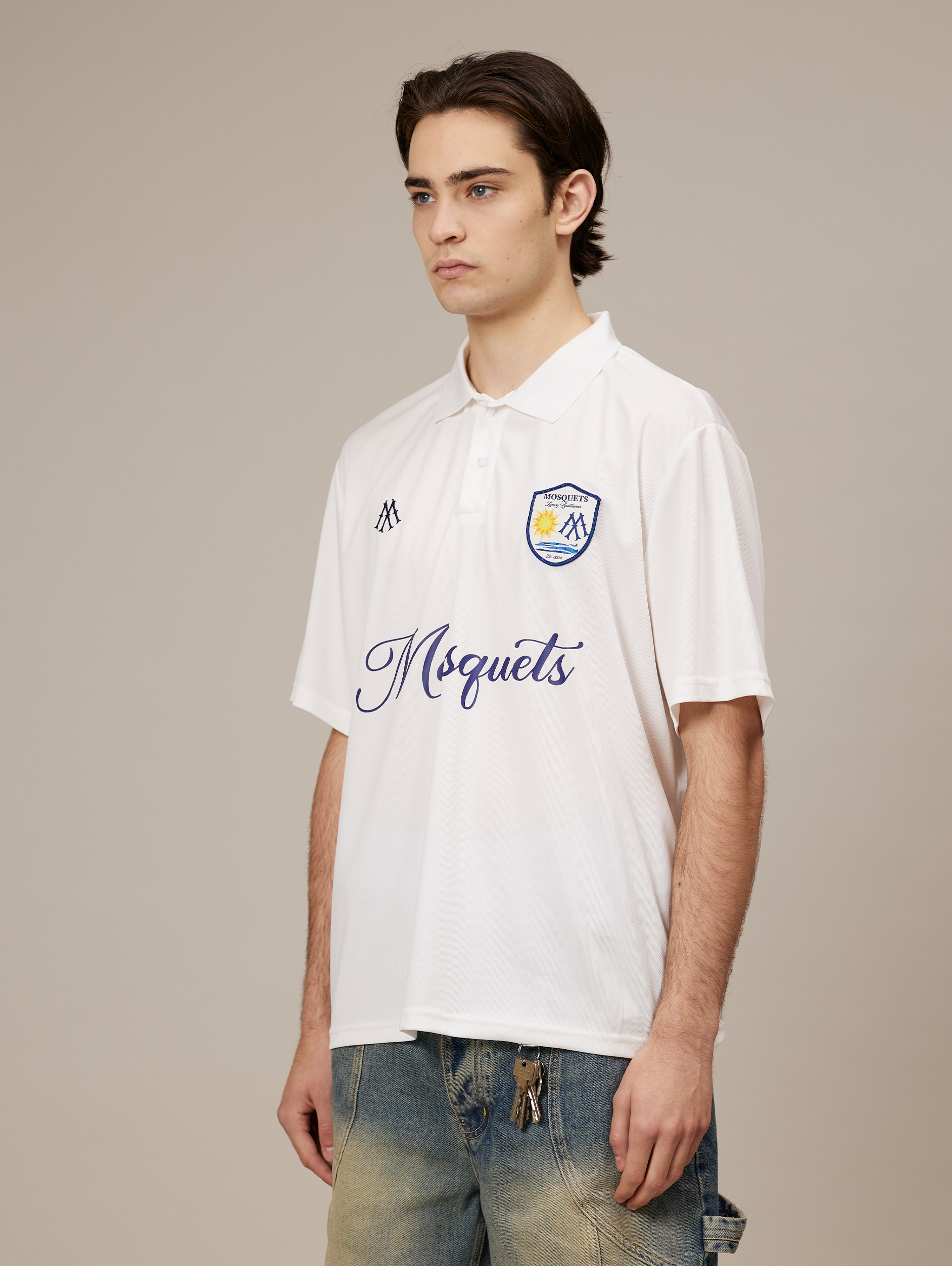 WHITE POLO SHIRT WITH DROPPED SHOULDER DESIGN