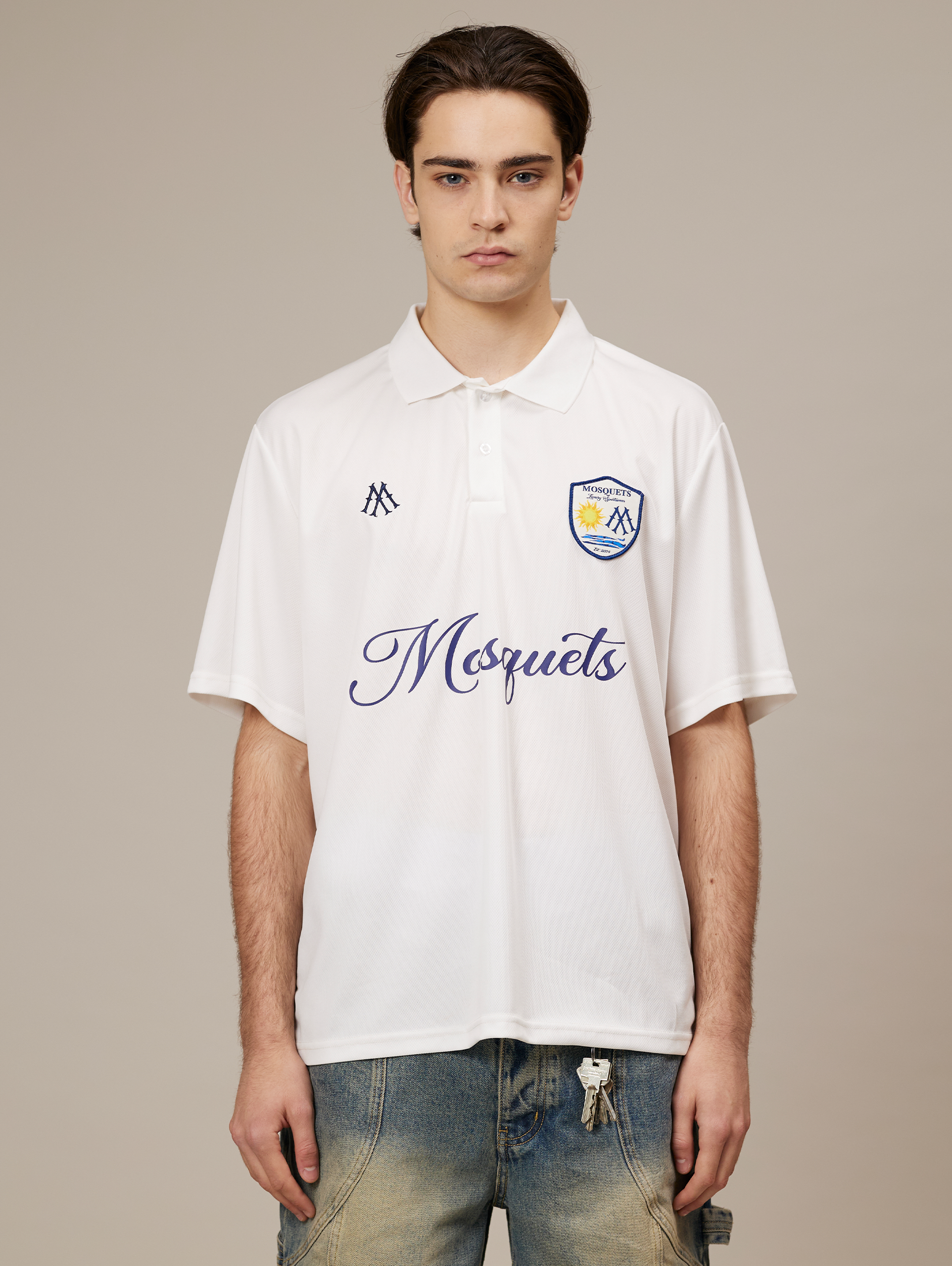 WHITE POLO SHIRT WITH DROPPED SHOULDER DESIGN