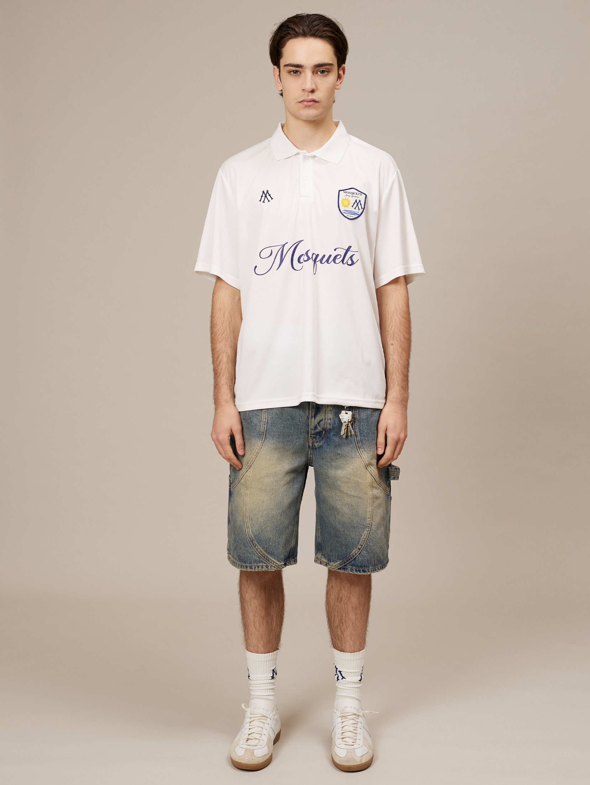 WHITE POLO SHIRT WITH DROPPED SHOULDER DESIGN