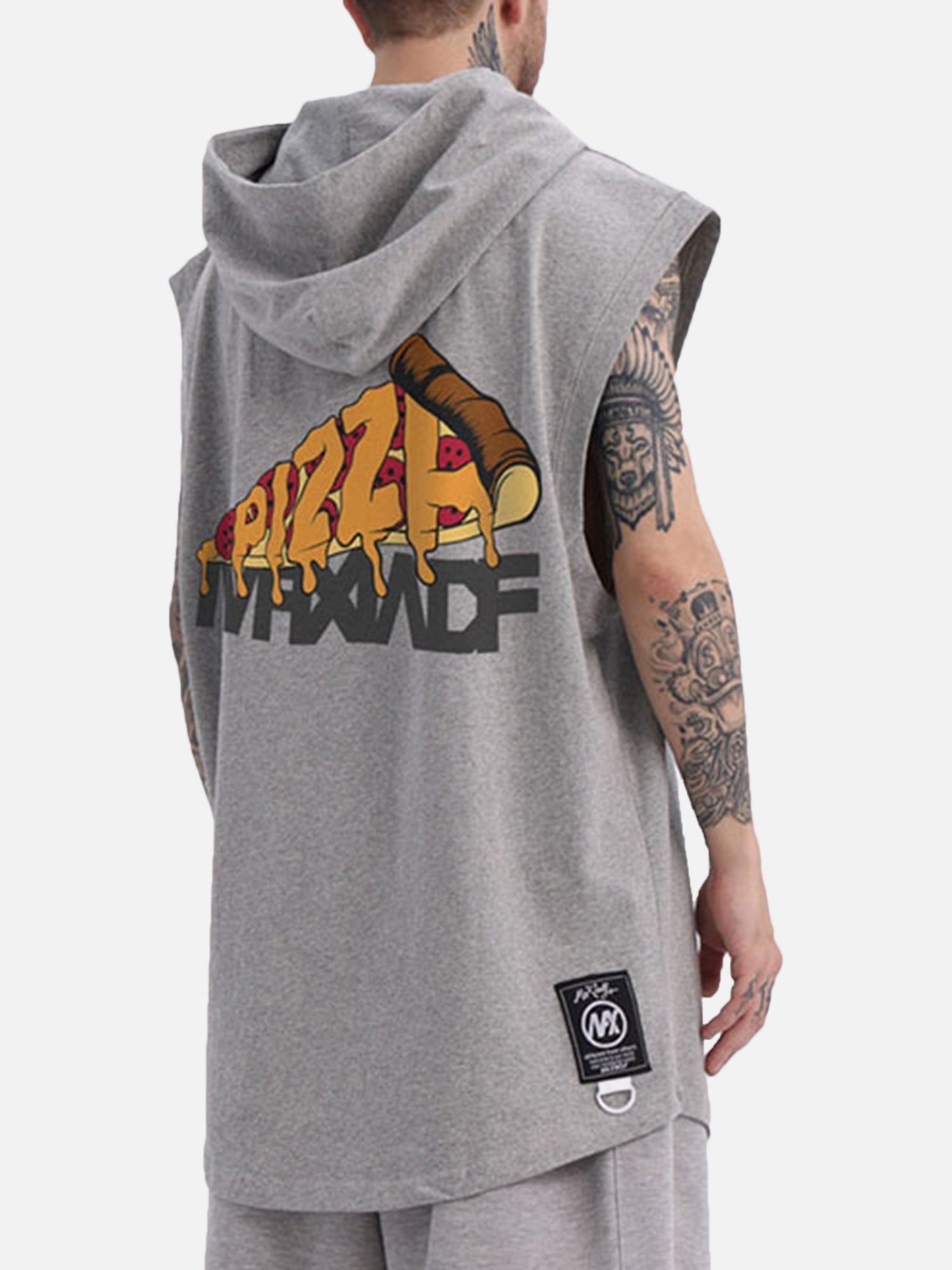 WHITE PRINTED HOODED VEST WITH PIZZA GRAPHIC