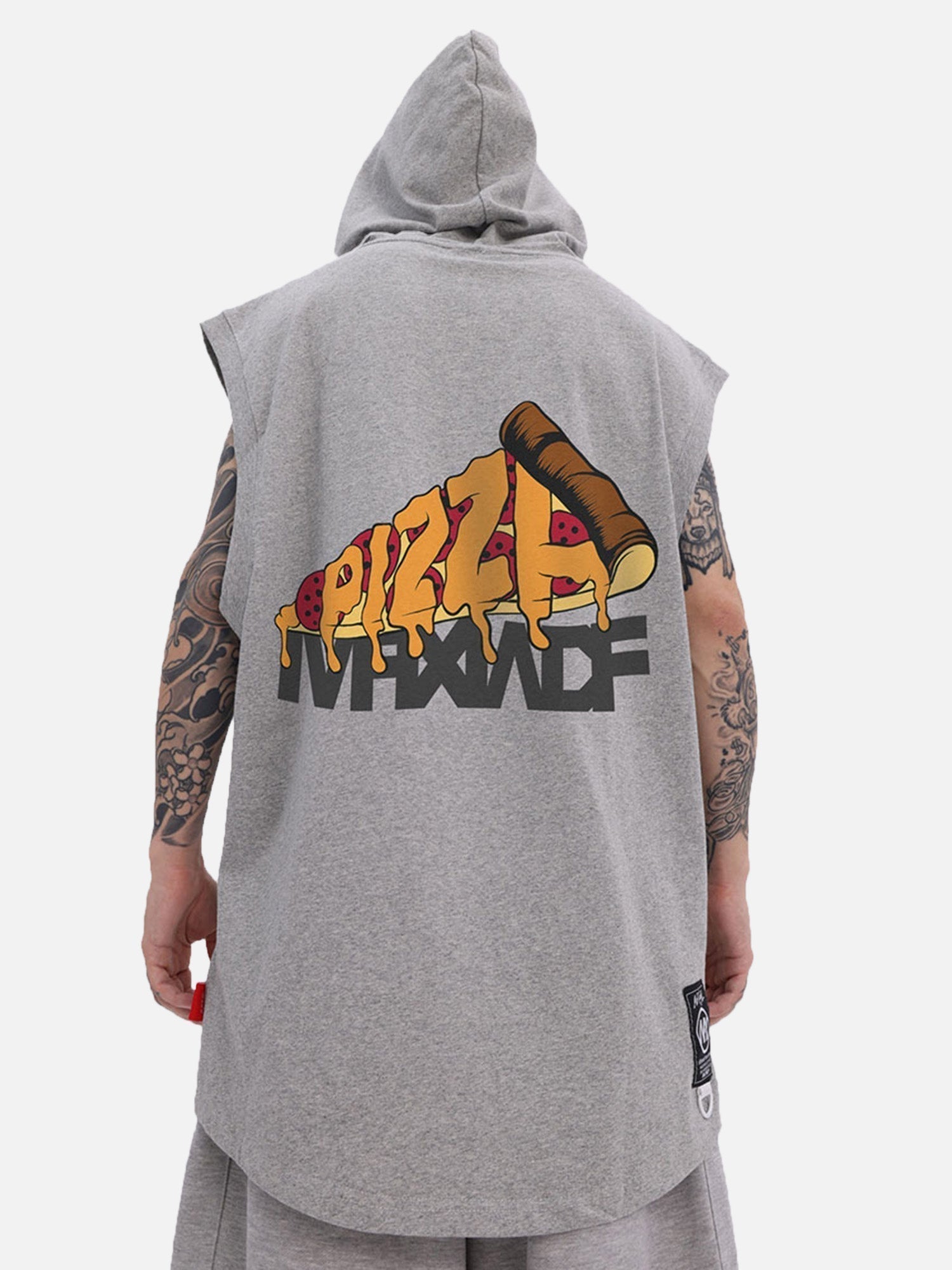 WHITE PRINTED HOODED VEST WITH PIZZA GRAPHIC