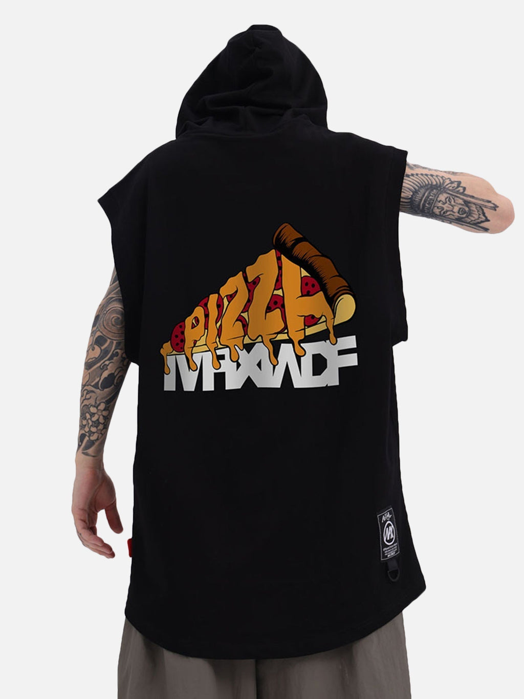 WHITE PRINTED HOODED VEST WITH PIZZA GRAPHIC