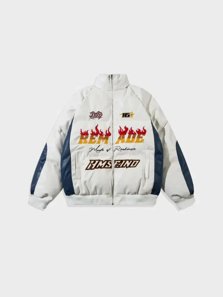 WHITE RACING-STYLE PUFFER JACKET REMADES SPORTS WINTER JACKET