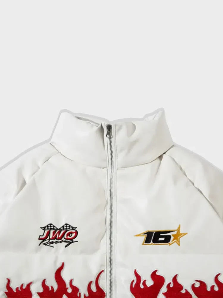 WHITE RACING-STYLE PUFFER JACKET REMADES SPORTS WINTER JACKET