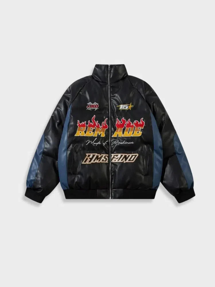 WHITE RACING-STYLE PUFFER JACKET REMADES SPORTS WINTER JACKET