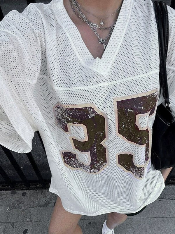 WHITE RETRO OVERSIZED SHORT SLEEVE JERSEY WITH BROWN NUMBER