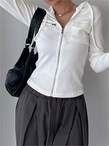 WHITE RIBBED ZIP-UP HOODIE FOR VERSATILE OUTFITS