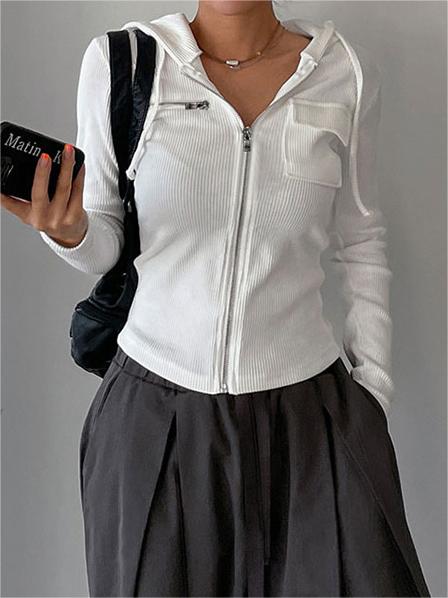 WHITE RIBBED ZIP-UP HOODIE FOR VERSATILE OUTFITS