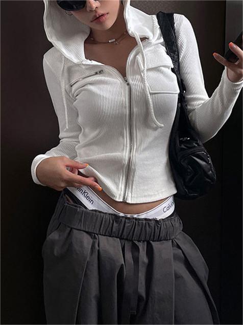 WHITE RIBBED ZIP-UP HOODIE FOR VERSATILE OUTFITS