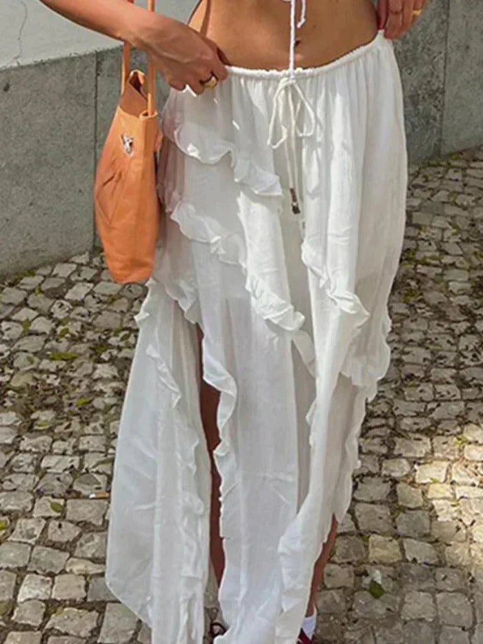 WHITE RUFFLED MAXI SKIRT - ELEGANT RUFFLE MIDI SKIRT