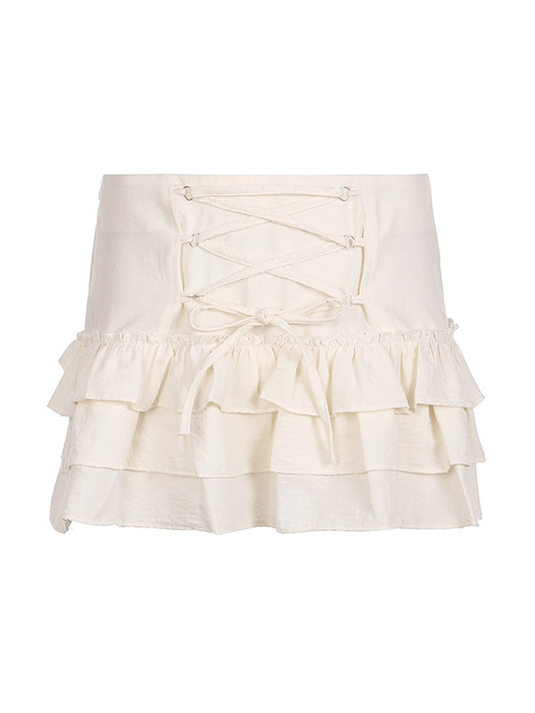 WHITE RUFFLED MINI SKIRT WITH ADJUSTABLE CRISSCROSS TIE, SLIM FIT