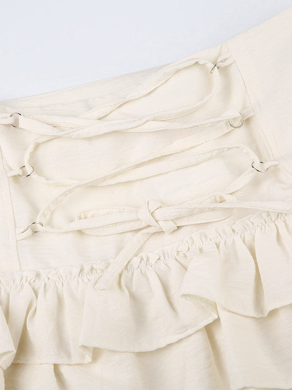 WHITE RUFFLED MINI SKIRT WITH ADJUSTABLE CRISSCROSS TIE, SLIM FIT