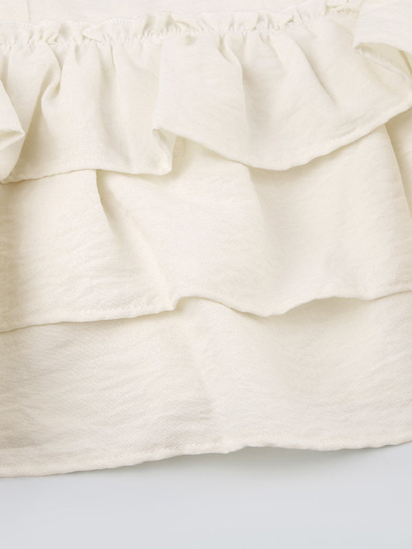 WHITE RUFFLED MINI SKIRT WITH ADJUSTABLE CRISSCROSS TIE, SLIM FIT