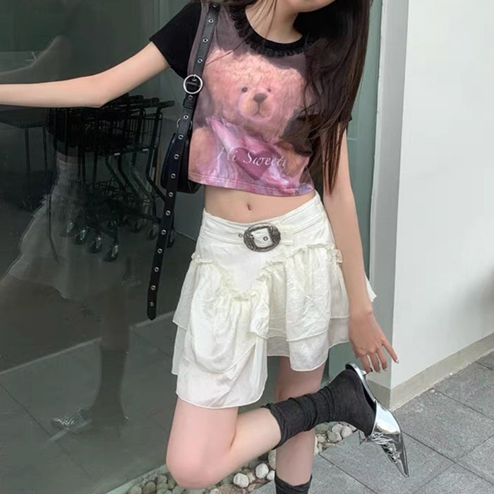 WHITE RUFFLED MINI SKIRT WITH DECORATIVE BUCKLE FOR WOMEN