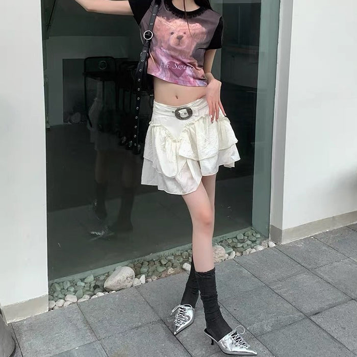 WHITE RUFFLED MINI SKIRT WITH DECORATIVE BUCKLE FOR WOMEN