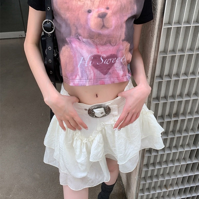 WHITE RUFFLED MINI SKIRT WITH DECORATIVE BUCKLE FOR WOMEN