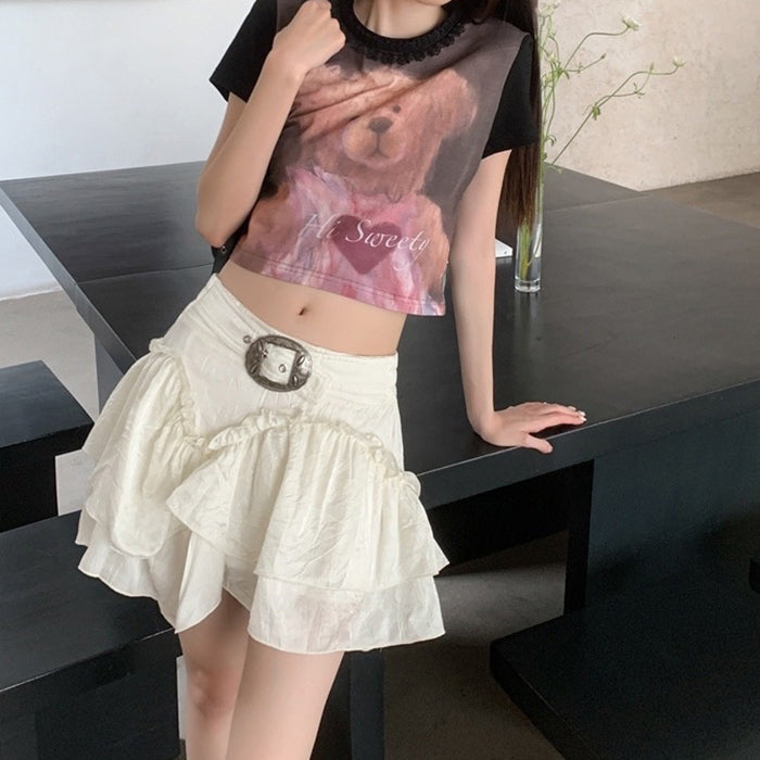 WHITE RUFFLED MINI SKIRT WITH DECORATIVE BUCKLE FOR WOMEN