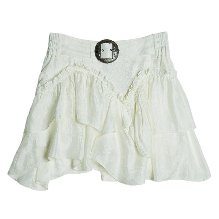 WHITE RUFFLED MINI SKIRT WITH DECORATIVE BUCKLE FOR WOMEN