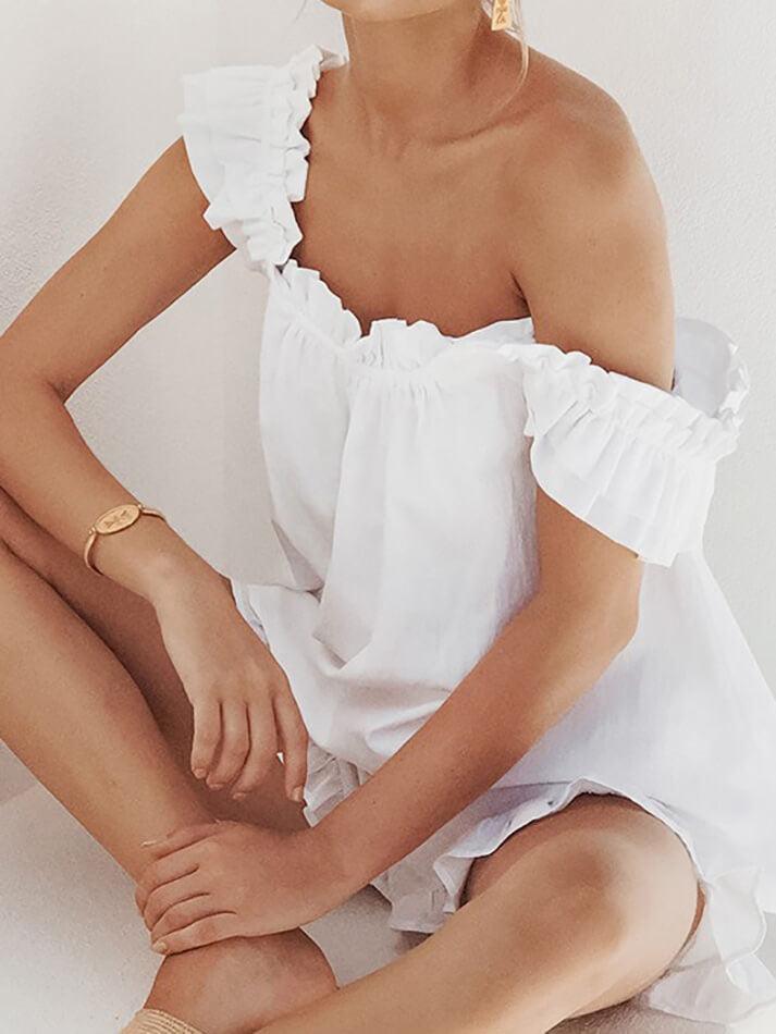 WHITE RUFFLED TWO-PIECE SET WITH CASUAL RUFFLE COTTON DESIGN