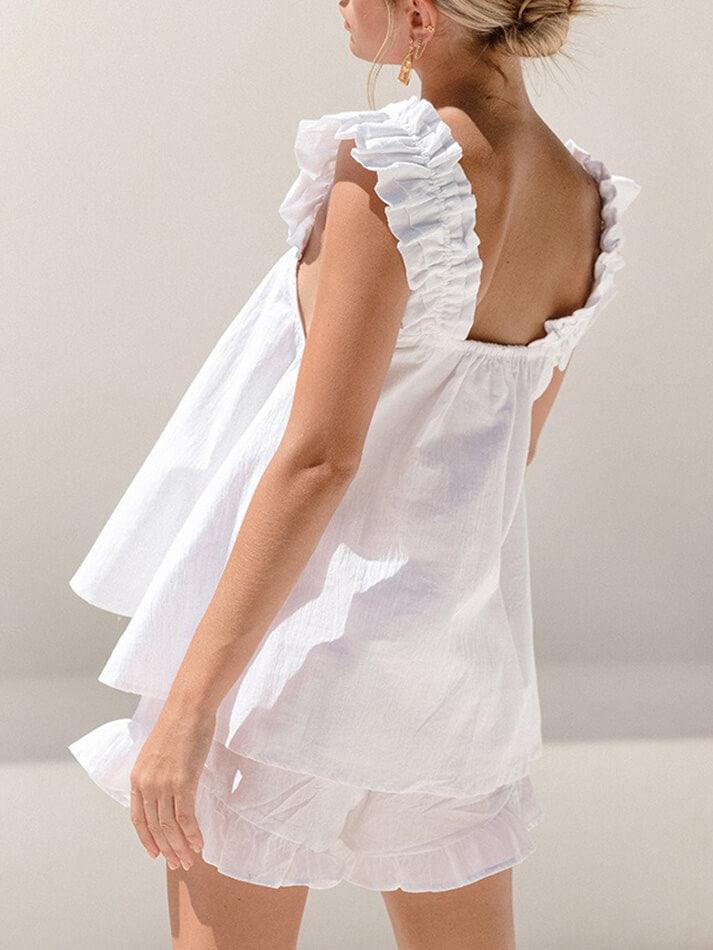 WHITE RUFFLED TWO-PIECE SET WITH CASUAL RUFFLE COTTON DESIGN
