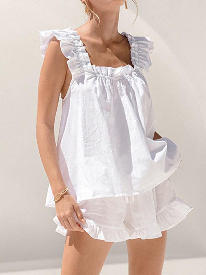 WHITE RUFFLED TWO-PIECE SET WITH CASUAL RUFFLE COTTON DESIGN