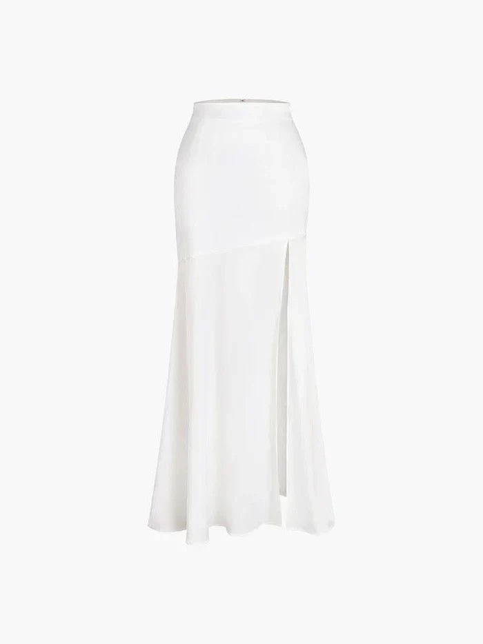 WHITE SATIN MAXI SKIRT WITH SLIT ELEGANT HOLIDAY PARTY OCCASION