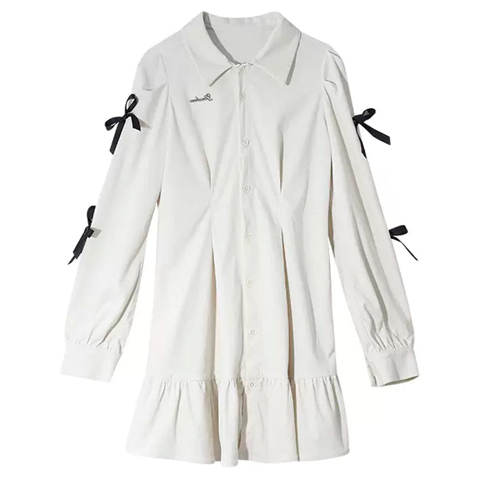 WHITE SHIRT DRESS WITH BLACK BOWS FOR WOMEN