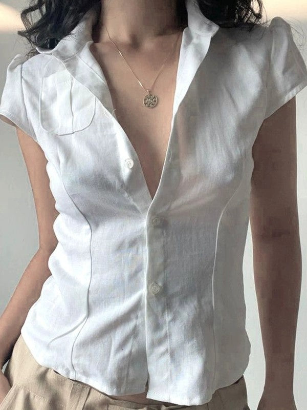 WHITE SHORT SLEEVE BLOUSE - VERSATILE SHORT SLEEVE TOP