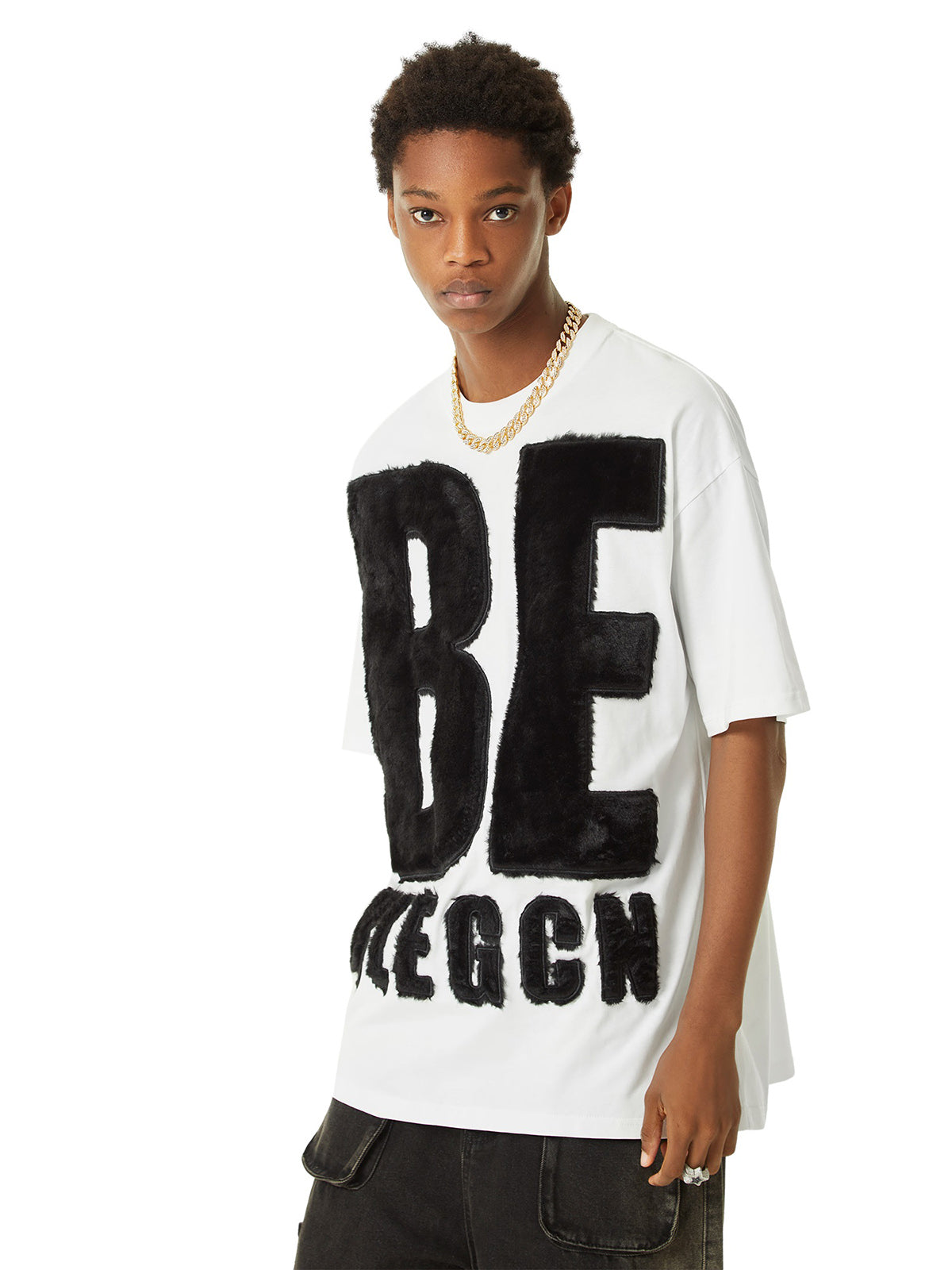 WHITE SHORT SLEEVE JERSEY T-SHIRT WITH BLACK LETTERING