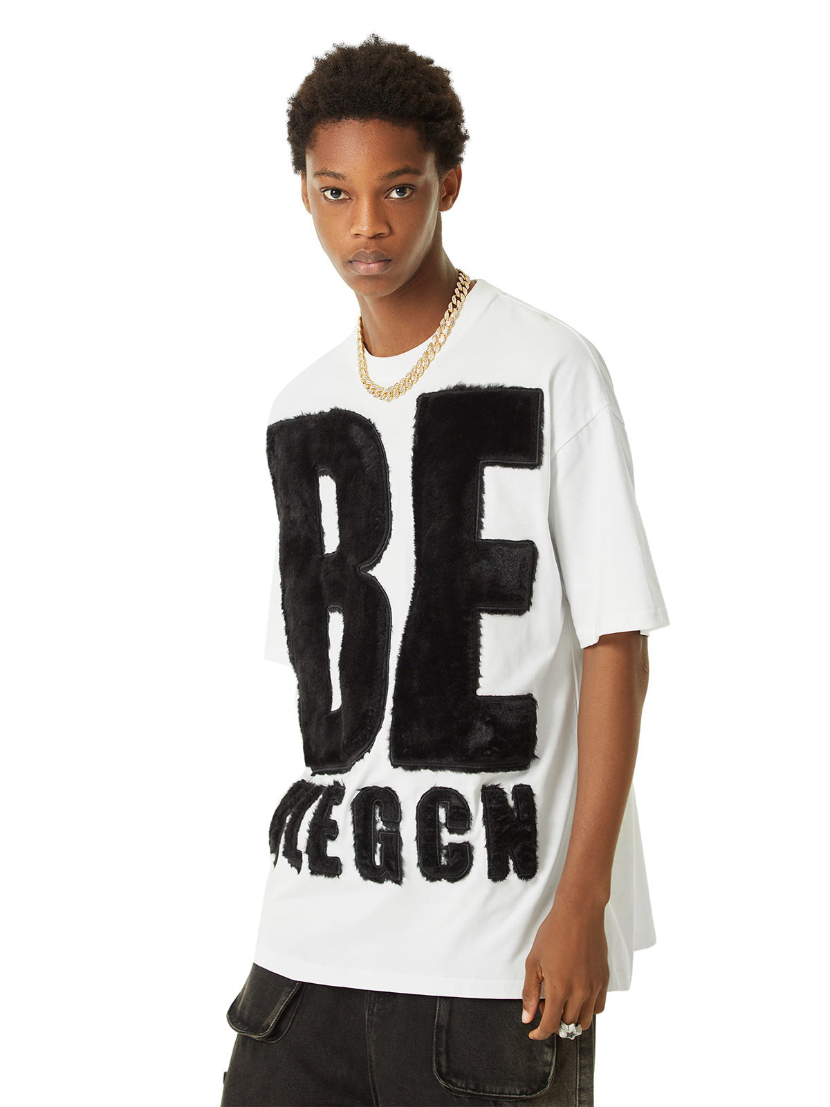 WHITE SHORT SLEEVE JERSEY T-SHIRT WITH BLACK LETTERING