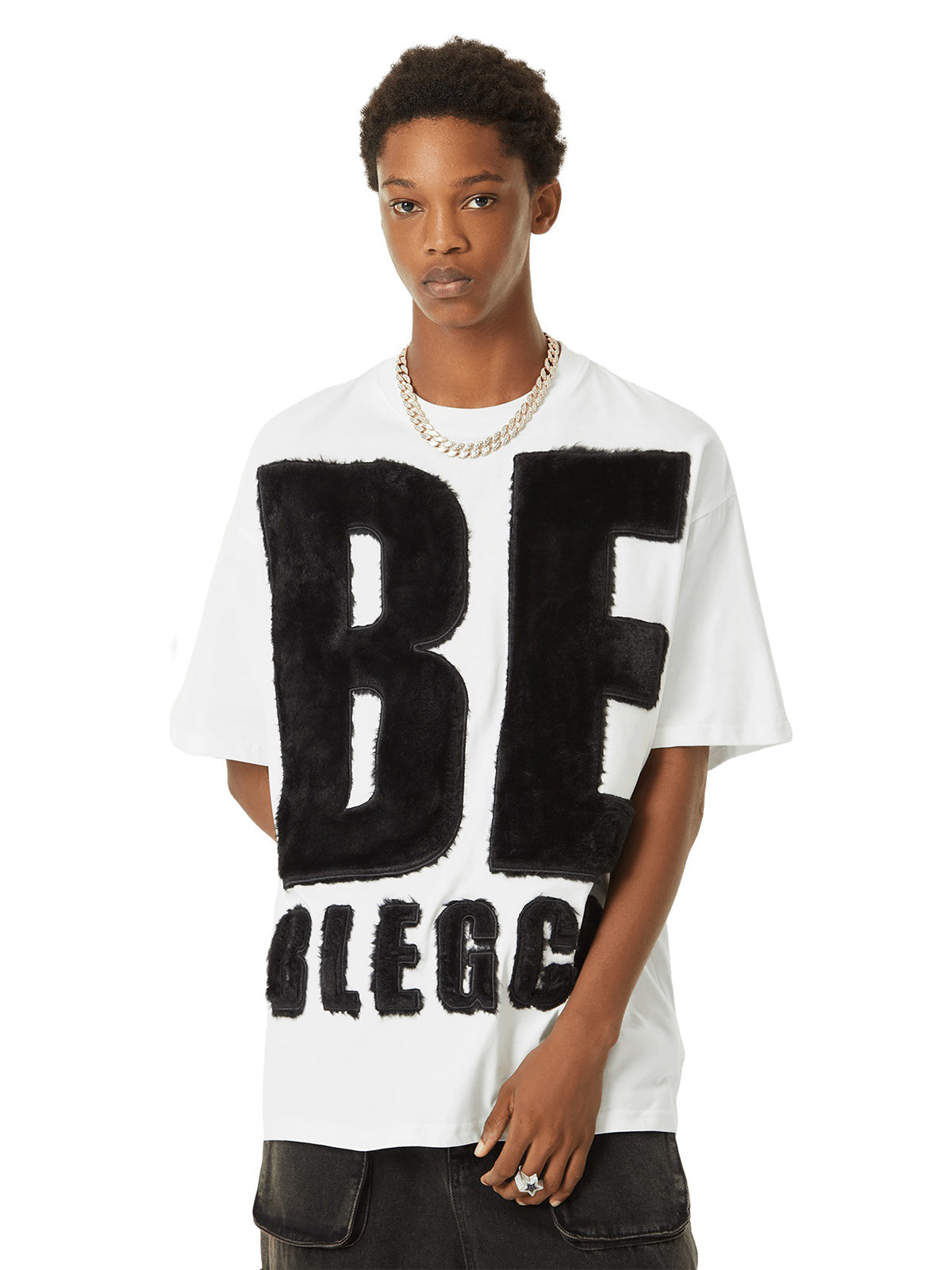 WHITE SHORT SLEEVE JERSEY T-SHIRT WITH BLACK LETTERING