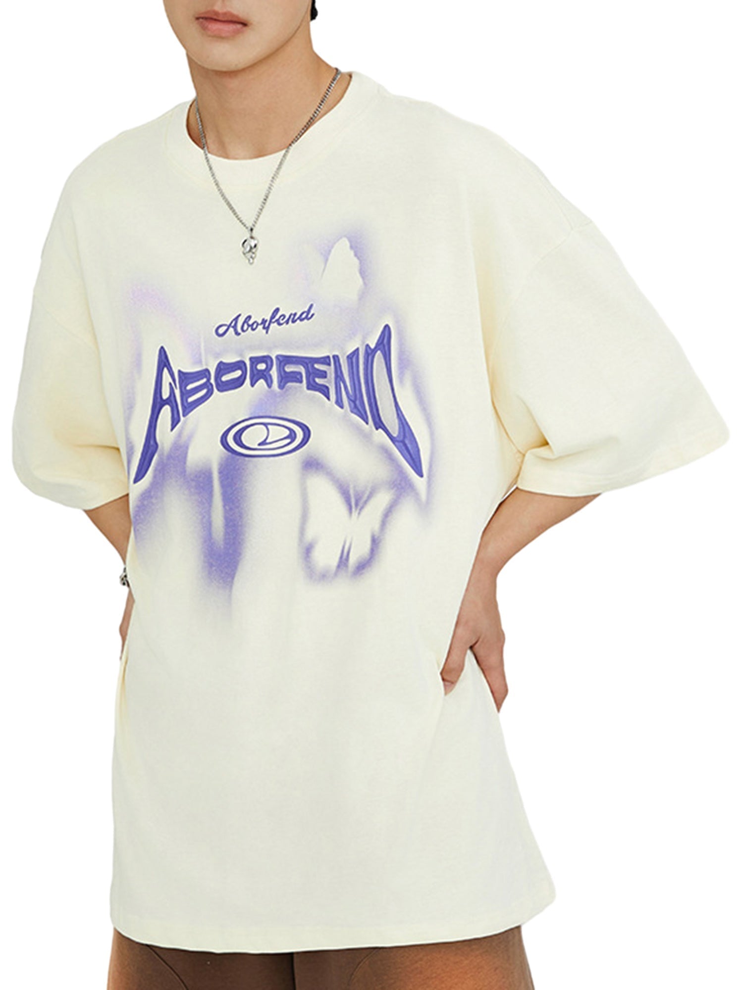 WHITE SHORT SLEEVE ROUND COLLAR JERSEY PULLOVER WITH PURPLE GRAPHIC