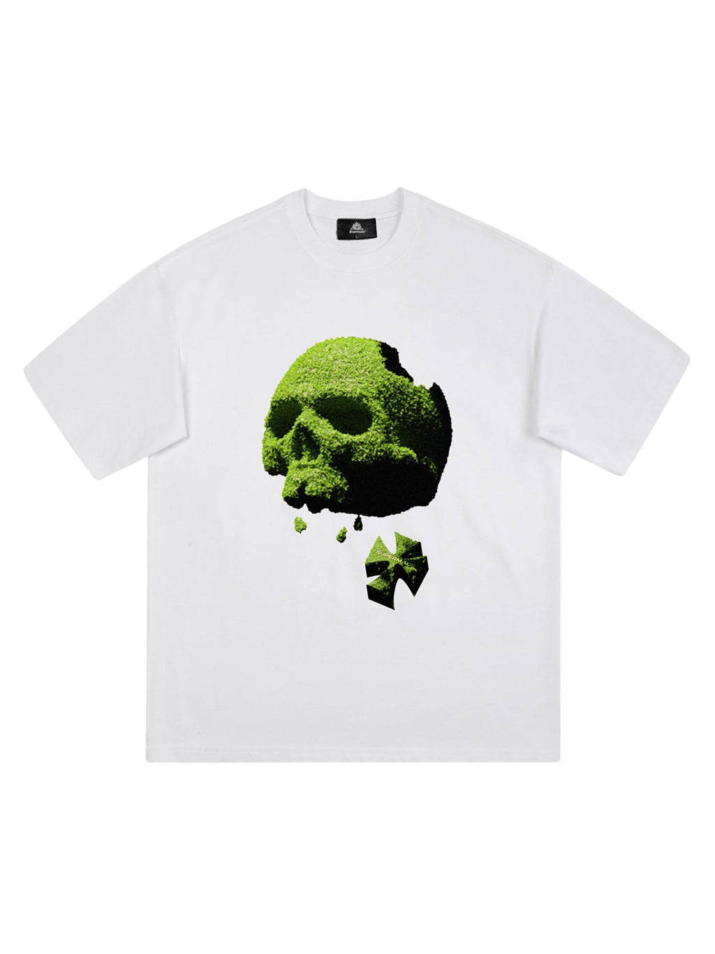 WHITE SHORT SLEEVE T-SHIRT WITH GREEN SKULL GRAPHIC - COOL CASUAL LOOK