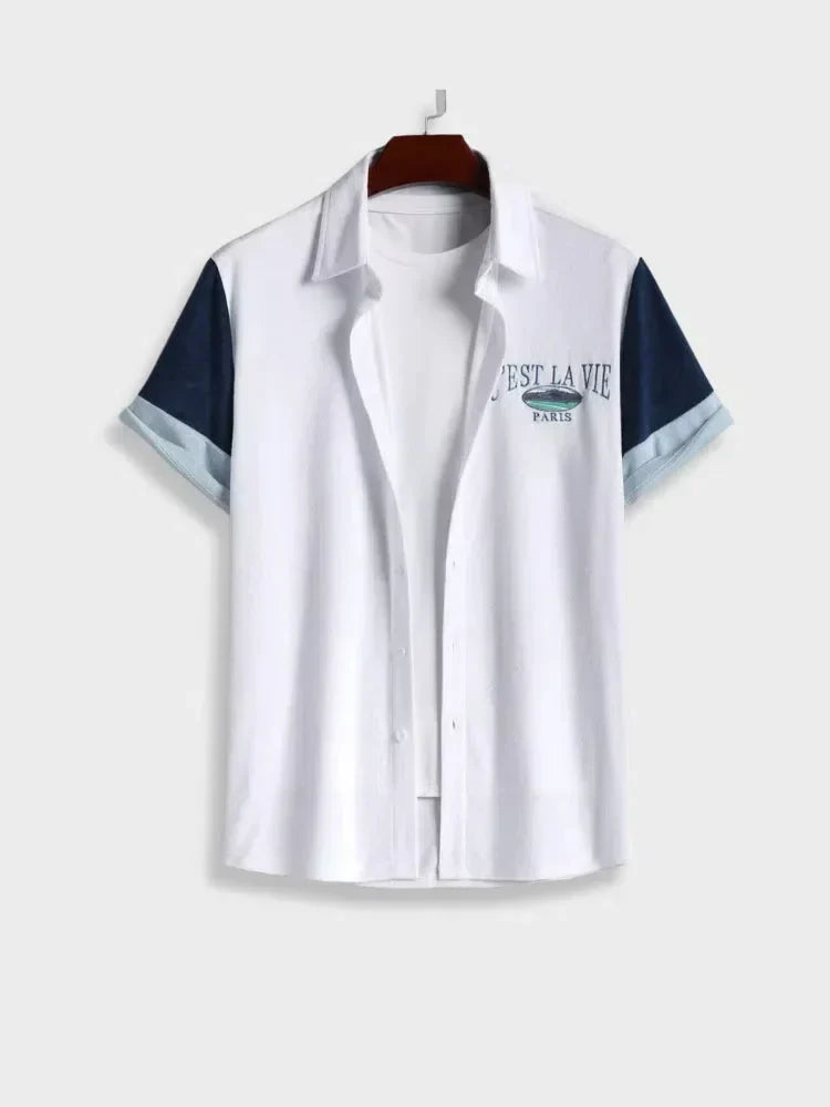 WHITE SHORT-SLEEVED SHIRT HERREN MIT STICKEREI STREETWEAR HEMD FÜR