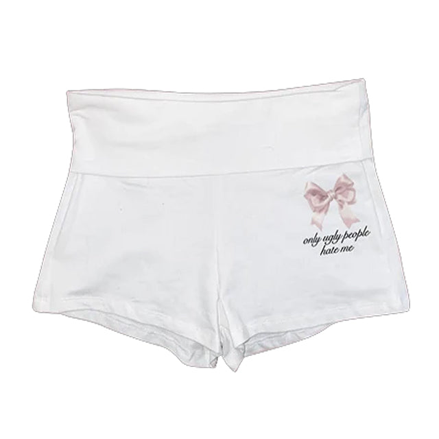 WHITE SHORTS WITH BOW AND TEXT FOR UGLY PEOPLE HATE RESPONSE