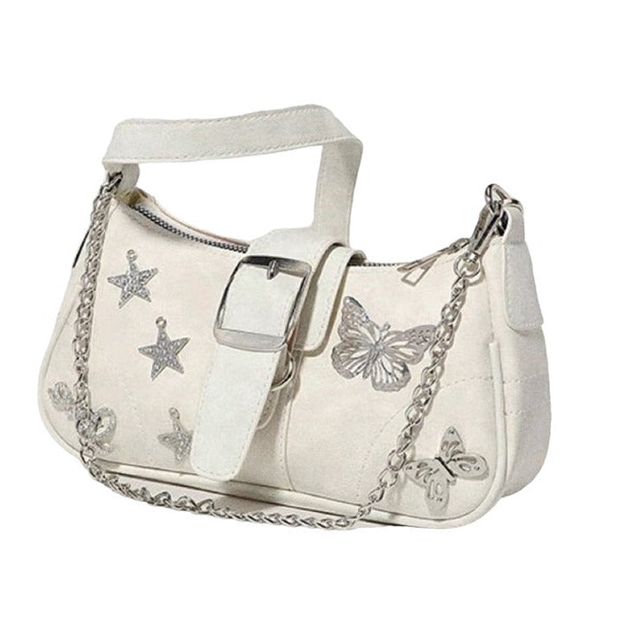 WHITE SHOULDER BAG WITH BUTTERFLY AND STAR EMBELLISHMENTS