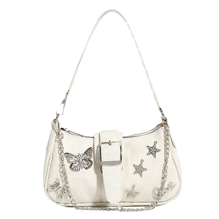 WHITE SHOULDER BAG WITH BUTTERFLY AND STAR EMBELLISHMENTS