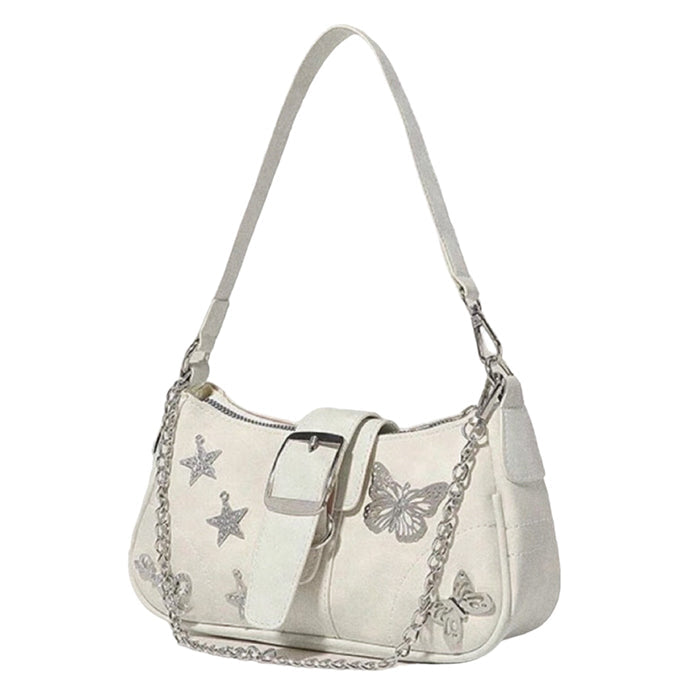 WHITE SHOULDER BAG WITH BUTTERFLY AND STAR EMBELLISHMENTS