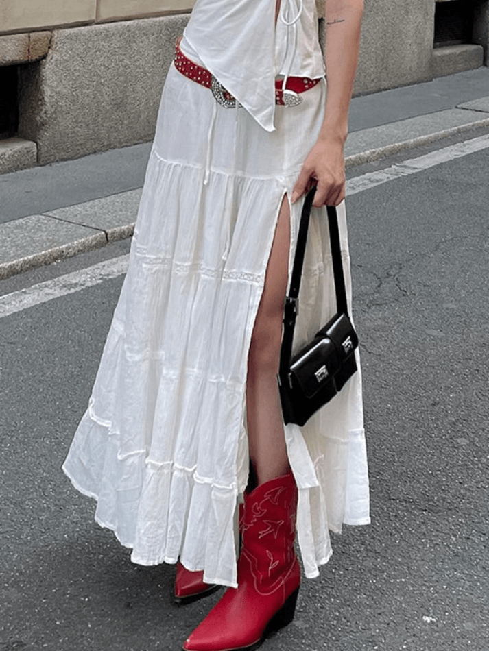 WHITE SLIT MIDI DRESS WITH RED COWBOY BOOTS