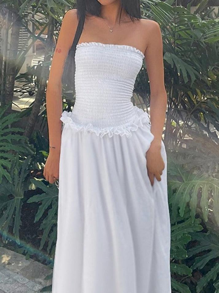 WHITE SMOCKED STRAPLESS DRESS TUBE MAXI DRESS