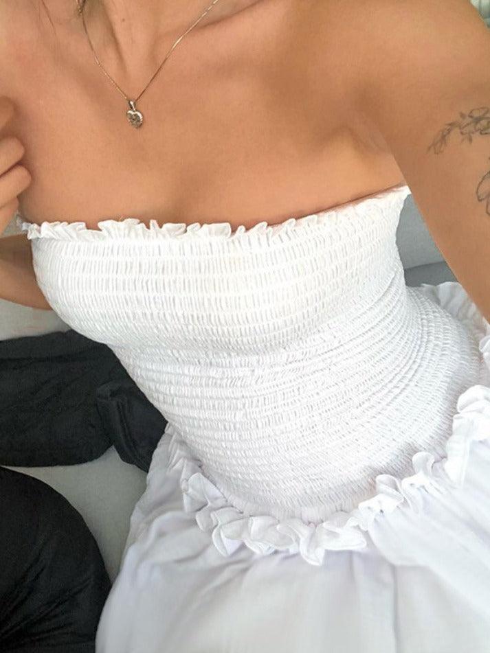 WHITE SMOCKED STRAPLESS DRESS TUBE MAXI DRESS